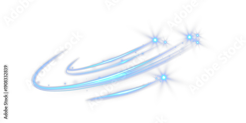 Bright blue shooting star light trails with glowing comet-like streaks and sparkling starbursts, forming dynamic curved motion lines on a dark or transparent background, conveying speed, magic, and fu