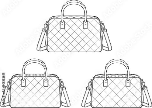 Luxury handbag technical sketch illustration showing quilted leather purse design with handles and shoulder strap isolated on white background