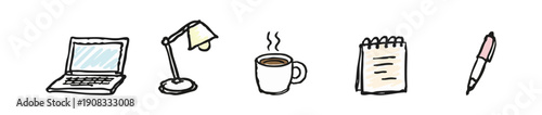 Set of hand-drawn icons for office, work, or study featuring a laptop, desk lamp, steaming coffee cup, spiral notebook, and a pen on white.