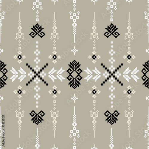 Seamless Tribal Ethnic Geometric Pattern with Pixel Motifs in Neutral Beige and Black Tones. perfect for fabric prints, wallpapers, fashion textiles, interior decor, packaging, stationery.