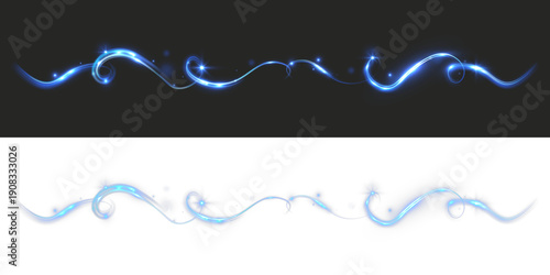 Elegant glowing blue light wave with smooth swirling curves and sparkling highlights, forming a continuous neon ribbon that flows horizontally across a dark or transparent background, evoking motion, 