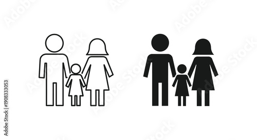 A simple black and white illustration depicts two family icons featuring a mother father and child high quality