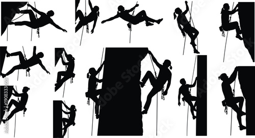 Rock Climbing Silhouette Vector Set Featuring Male and Female Climbers on Cliff Walls Isolated on White Background for Adventure Sports Design