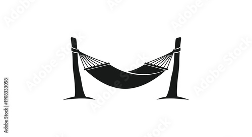 A minimalist black and white illustration depicts a suspended hammock between two sturdy wooden posts symbolizing relaxation