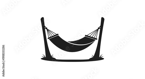 A simple black and white illustration depicts a classic hammock suspended between two wooden posts evoking relaxation