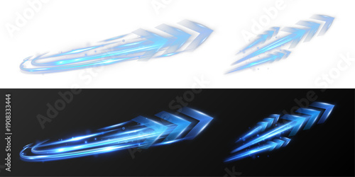 Glowing blue arrow-shaped light trails with neon streaks and motion blur, forming a futuristic speed and direction effect on dark or transparent backgrounds.
