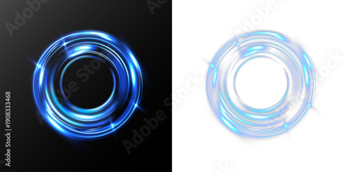 Glowing blue circular light rings with neon highlights and smooth motion trails, forming a futuristic energy frame on dark or transparent backgrounds.