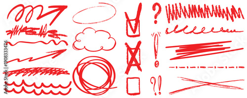 Red Brush Stroke Underline Set with Marker Highlights and Hand Drawn Swoosh Accents Vector Illustration. Scribble and Doodle Underline Elements with Crayon, Chalk and Pencil Texture.