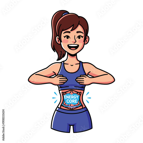 Happy Woman Showing Energy Core and Strong Abdominal Muscles. Fitness, Wellness, and Metabolism Concept Illustration