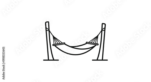 A simple black and white line drawing depicts a freestanding hammock suggesting relaxation and outdoor leisure high quality