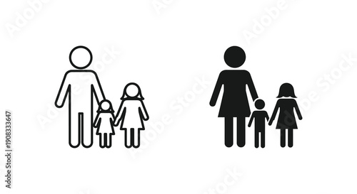 A minimalist depiction showcases two family icons one outlined and one solid black each with parents and children