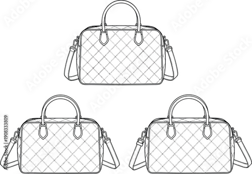 Quilted handbag technical fashion sketch illustration showing front view luxury purse design with handles and shoulder strap isolated on white background