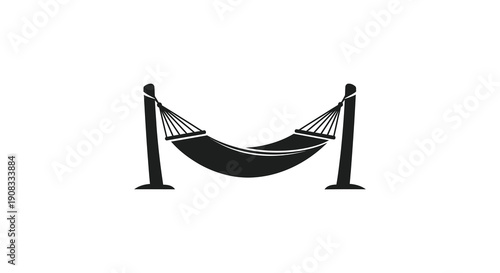 A simple black and white illustration depicts a hammock suspended between two wooden posts suggesting relaxation high quality