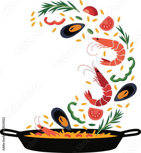 Fresh Paella Ingredients Flying Into Pan, Food Concept, Flat Illustration