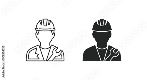 Two monochrome icons depict a construction worker s head and shoulders one outlined and one solid high quality professional
