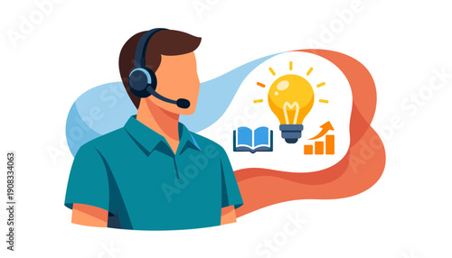 Customer service agent with headset and bright idea bulb illustration.