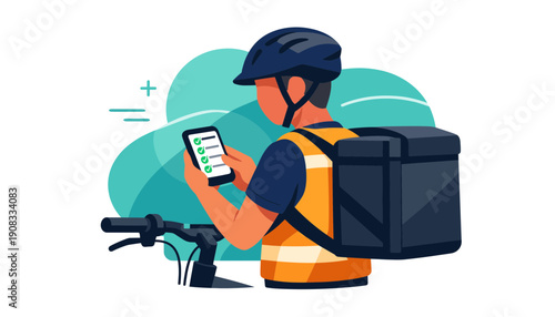 Delivery person on bicycle using smartphone for navigation.