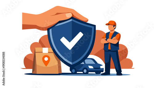 Delivery driver and secure package with shield and car.