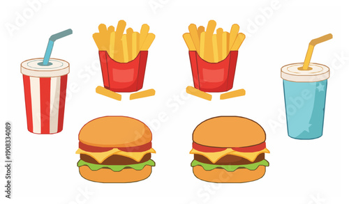 Colorful flat fast food burger fries soda vector elements