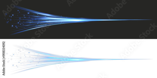 Abstract blue light beam with multiple glowing streaks and sparkling particles, converging into a sharp point to create a fast futuristic energy flow on dark or transparent background.