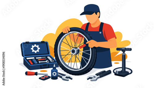 Bicycle Mechanic Working on Wheel with Tools and Pump.