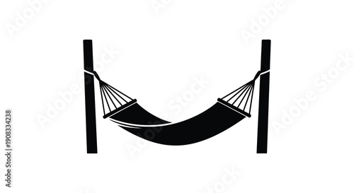 A simple black and white illustration depicts a hanging hammock suspended between two sturdy upright posts high quality