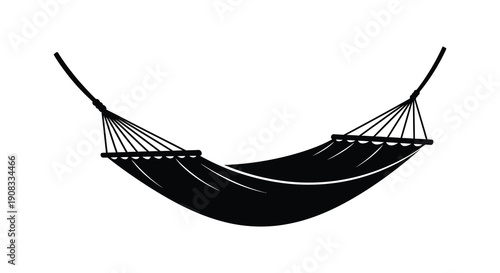 A simple black and white illustration depicts a curved hammock suspended and ready for relaxation high quality professional