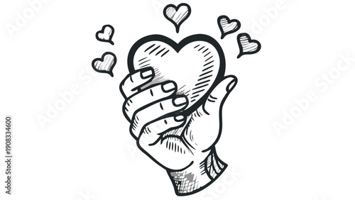 Loving hand cradling heart with surrounding hearts