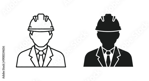 Two monochrome icons depict construction workers wearing hard hats and business attire side by side high quality professional