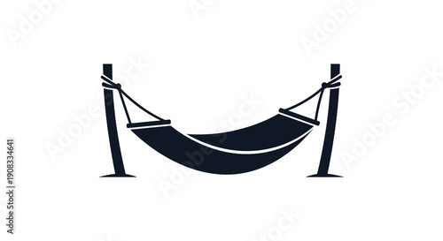 A minimalist navy blue illustration depicts a hanging hammock suspended between two upright posts suggesting relaxation high quality