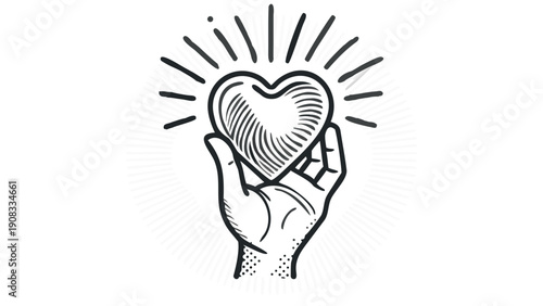 Hand holding heart with radiant lines symbolizing love and care