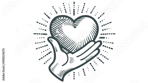 Hand cradling a glowing heart with radiant lines