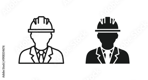 Two distinct monochrome icons depict men in suits and construction helmets showcasing differing visual styles high quality professional
