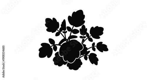 A minimalist black silhouette depicts a cluster of blossoming flowers and foliage against a stark white background