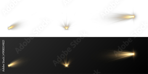 Set of warm golden spotlight effects with focused glowing cores and soft volumetric light beams, suitable for dark, neutral, or transparent backgrounds in cinematic and stage lighting designs.