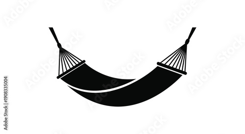 A simple black and white illustration depicts a curved empty hammock suspended between two points high quality professional