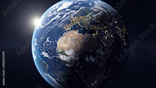 A cinematic orbital view of Earth rotating in space, transitioning from daylight to night with glowing city lights and sunrise.