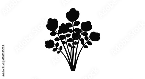 A stark black silhouette depicts a dense cluster of rounded flower buds and lush foliage high quality professional