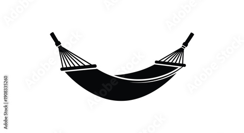 A simple black and white illustration depicts a curved empty hammock suspended between two supports high quality professional