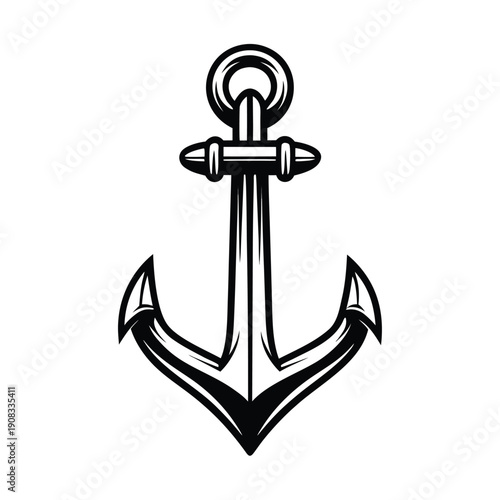 Black and white anchor symbol with detailed and shading nautical