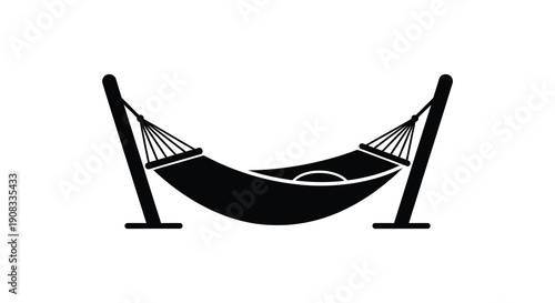 A simple black and white illustration depicts an empty hammock suspended between two wooden stands suggesting relaxation
