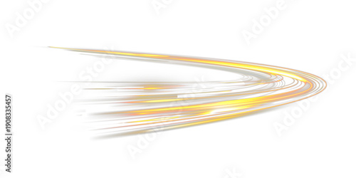 Golden glowing light trails curve smoothly across a dark background, forming a fast abstract vortex with a sense of motion, energy, and elegant futuristic flow.