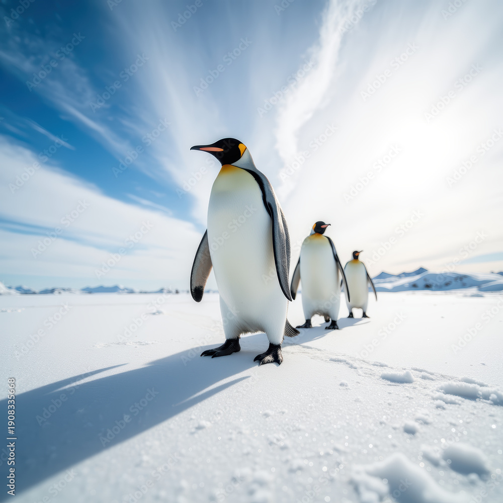Obraz premium Majestic penguins walk across snowy landscape under bright sky, showcasing their elegant forms and vibrant colors