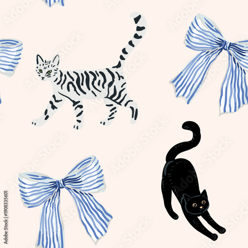 Cute cats, striped blue bows, blush background. Vector seamless pattern. Holiday illustration with domestic animals