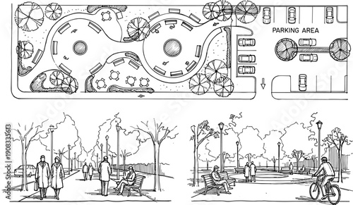 Urban park landscape architectural sketch with site plan, pedestrian pathways, seating areas, trees, and parking layout illustrated in detailed line drawingUrban park 