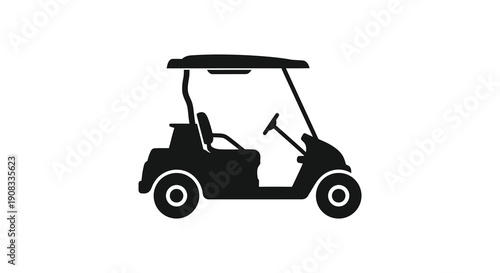 A stark black silhouette depicts a golf cart showcasing its basic shape and features in profile high quality