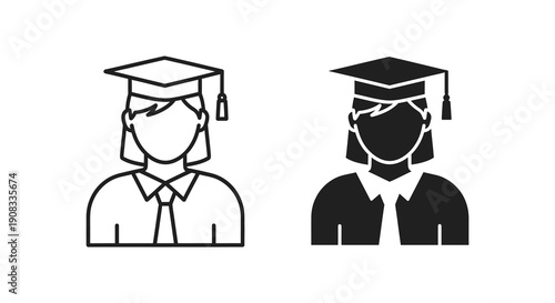 Two minimalist line art depictions of a graduate wearing a cap and gown presented in contrasting styles