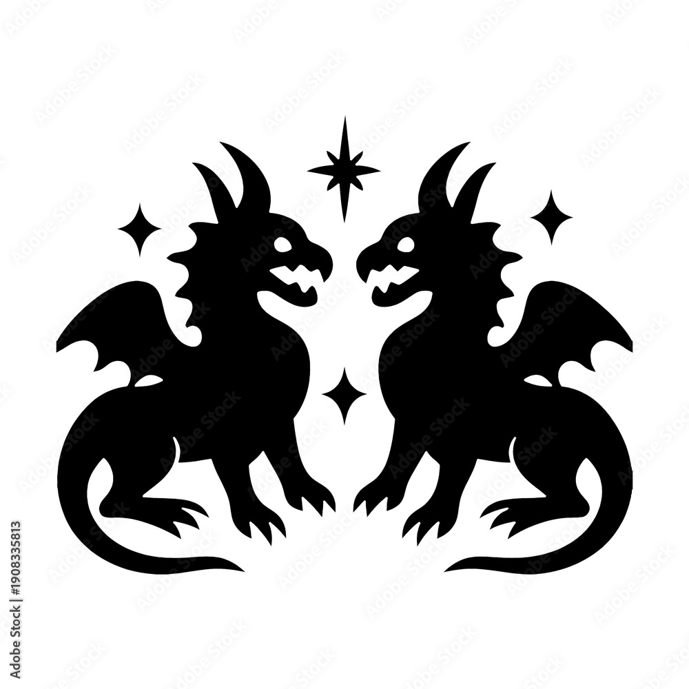 Fototapeta premium PNG Twin dragons silhouette mystical design.