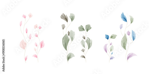 Three distinct sets of delicate watercolor leaves are presented on a clean white background. Colors include soft pink, muted green, and a mix of blue, green, and purple hues, perfect for design.