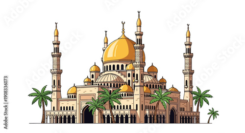 A vibrant vector illustration capturing the grand architecture of a magnificent mosque, featuring a prominent golden dome, multiple towering minarets, and surrounding palm trees clean white background